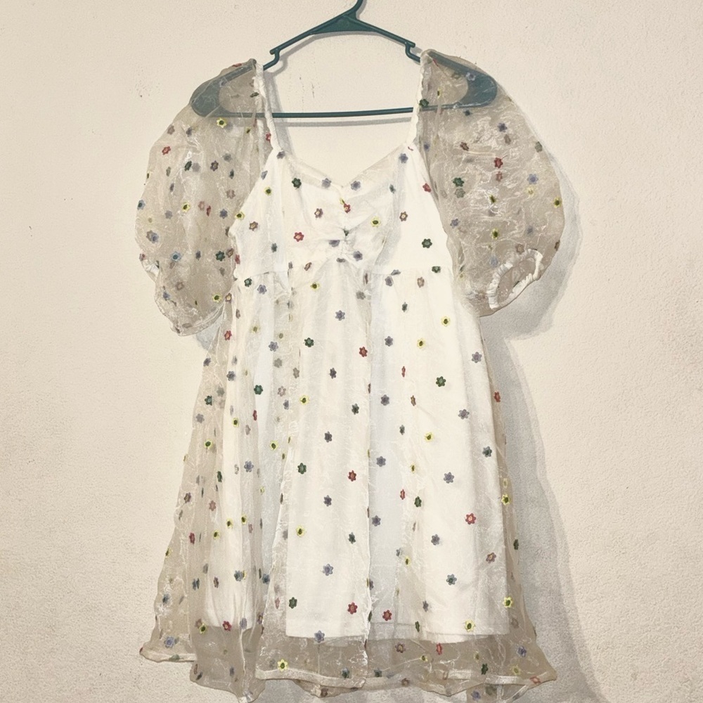 Altar’d State White Sheer Floral Embroidered Babydoll Dress, Medium